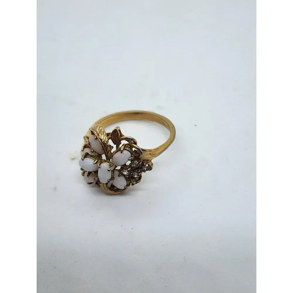 Vintage Opalene Rhinestone Cocktail Ring Gold Plated Floral Leaf Cluster Size 9